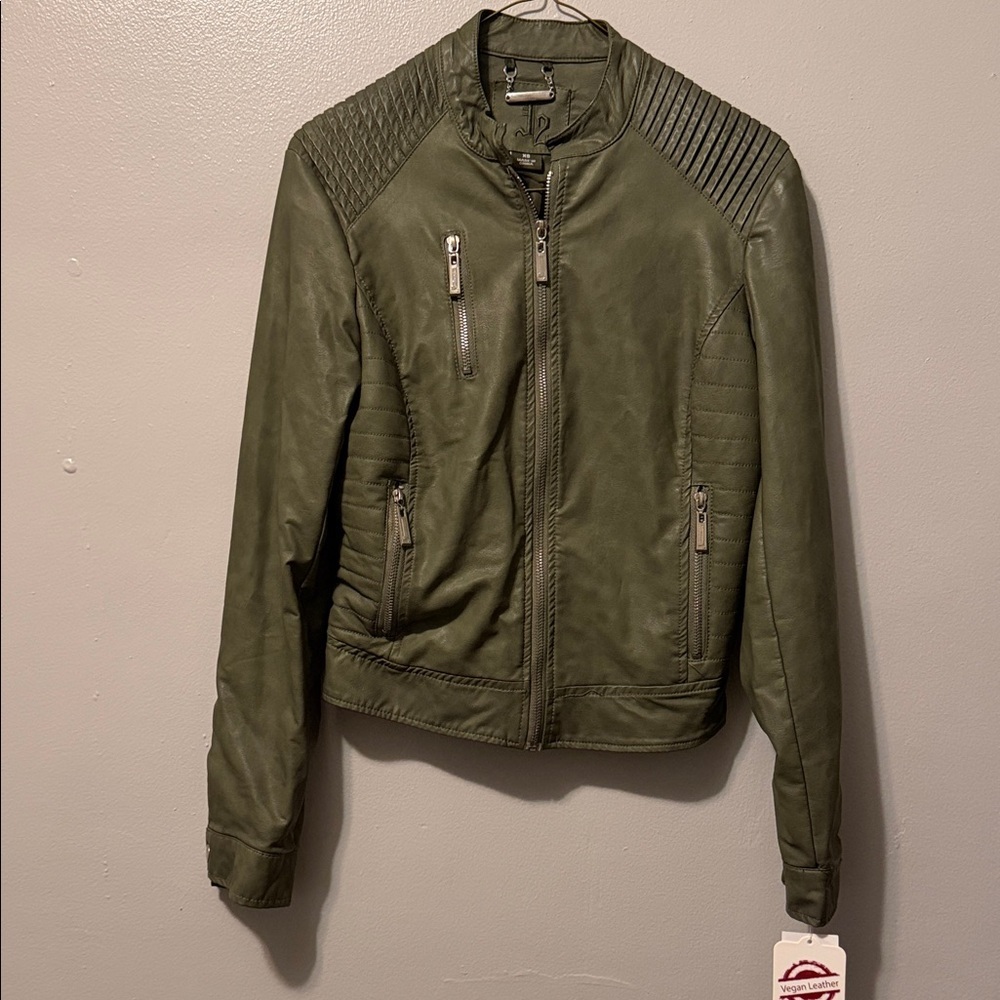 J2 Faux Leather Moto Jacket Womens XS Green Zipper Pockets Retro Biker Vegan NEW - Picture 2 of 7